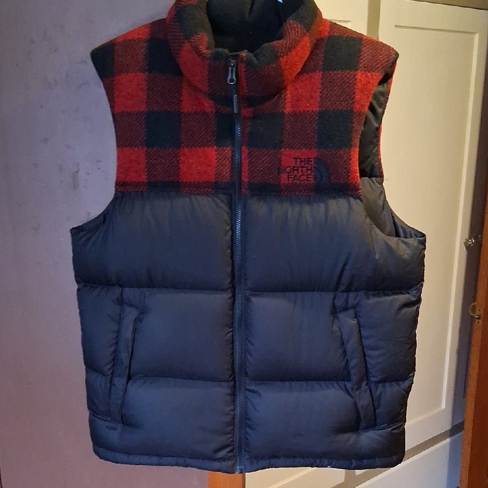 The North Face Red and Black Plaid 700 Fill Goose Down Puffer Vest